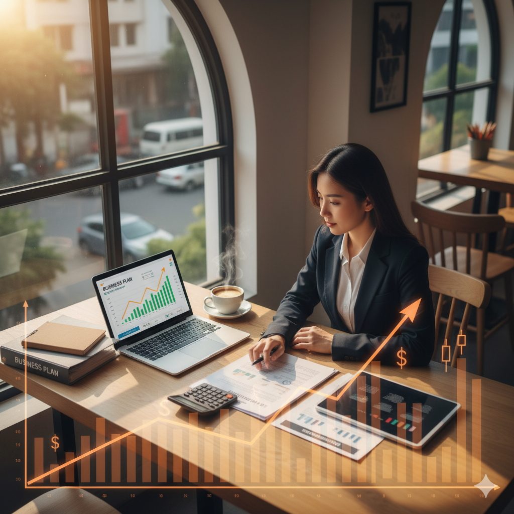 A laptop screen with financial charts.